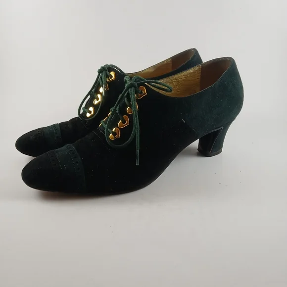 Vintage‎ ESCADA Green And Black Suede Lace-Up Bootie Heels Pumps Size 5.5 M - Picture 4 of 7